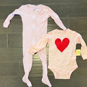Primary Pink Striped Footie and Heart Onesie Set